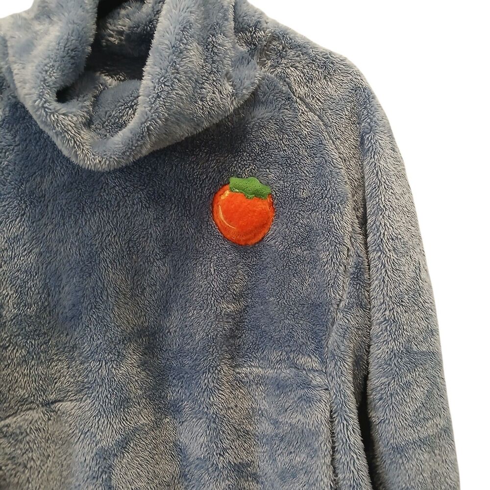 Fuzzy Periwinkle Blue Teddy Fleece Cowl Neck Pullover Peach Patch Pocket Medium - Picture 2 of 9